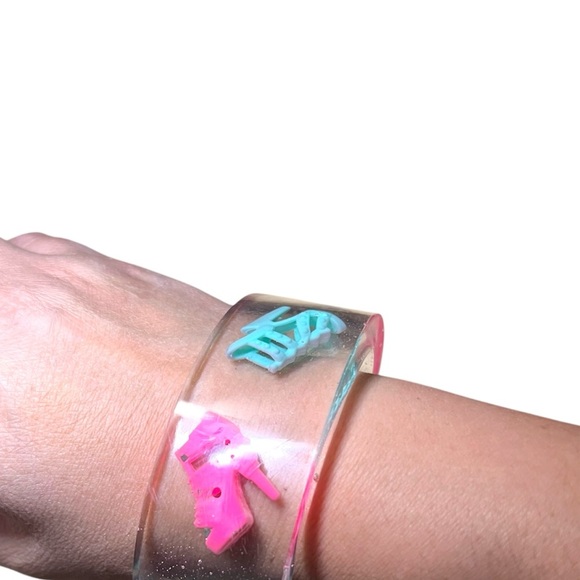 Clear Resin Cuff Bracelet with Pink and Teal Barbie Heel Charms - Picture 4 of 4